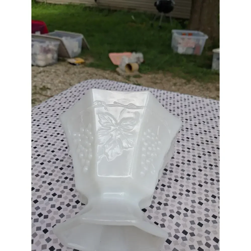 Milk Glass 8 Sided Dish Grape & Leaf Pattern 5